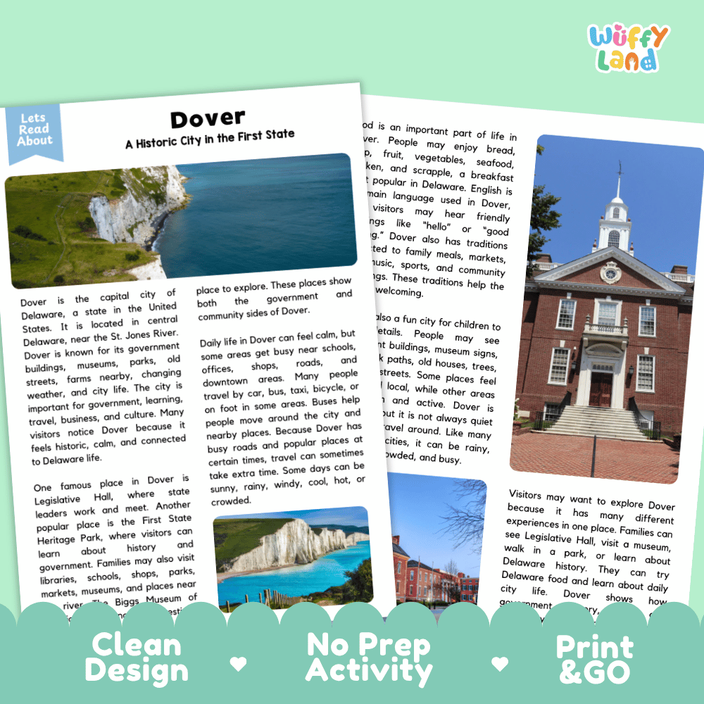Reference sheet and answer key for Dover landmark reading passage displaying completed comprehension answers and United States geography facts