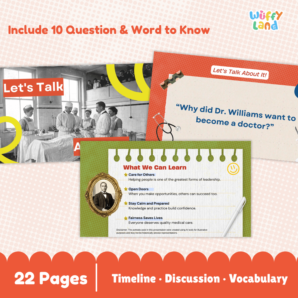 Promotional graphic for an educational activity book titled 'Let's Talk About It!'. The design features a light pink and white checkered background with a red banner at the top stating 'Include 10 Question & Word to Know' and a white banner at the bottom indicating '22 Pages | Timeline | Discussion | Vocabulary'.