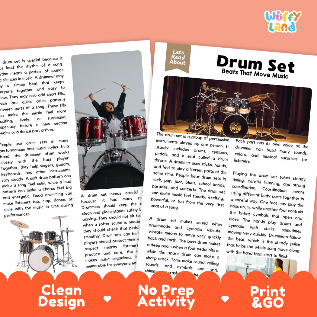 Teacher answer key page showing complete question solutions for Drum Set music education reading comprehension practice