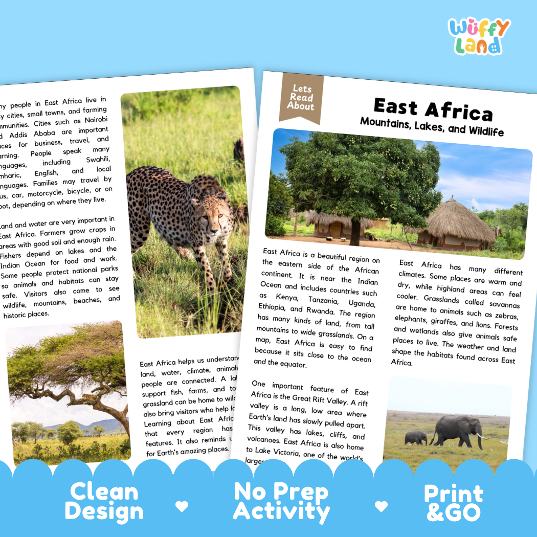 Teacher answer key page showing complete question solutions for East Africa reading comprehension practice