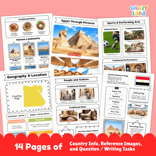 A country research project for Egypt, featuring sections on the capital city, population, language, currency, and climate. It includes additional information on traditional clothes, music, sports, famous landmarks, and a map of the country. The project also offers fun facts and details about the country's geography and location.