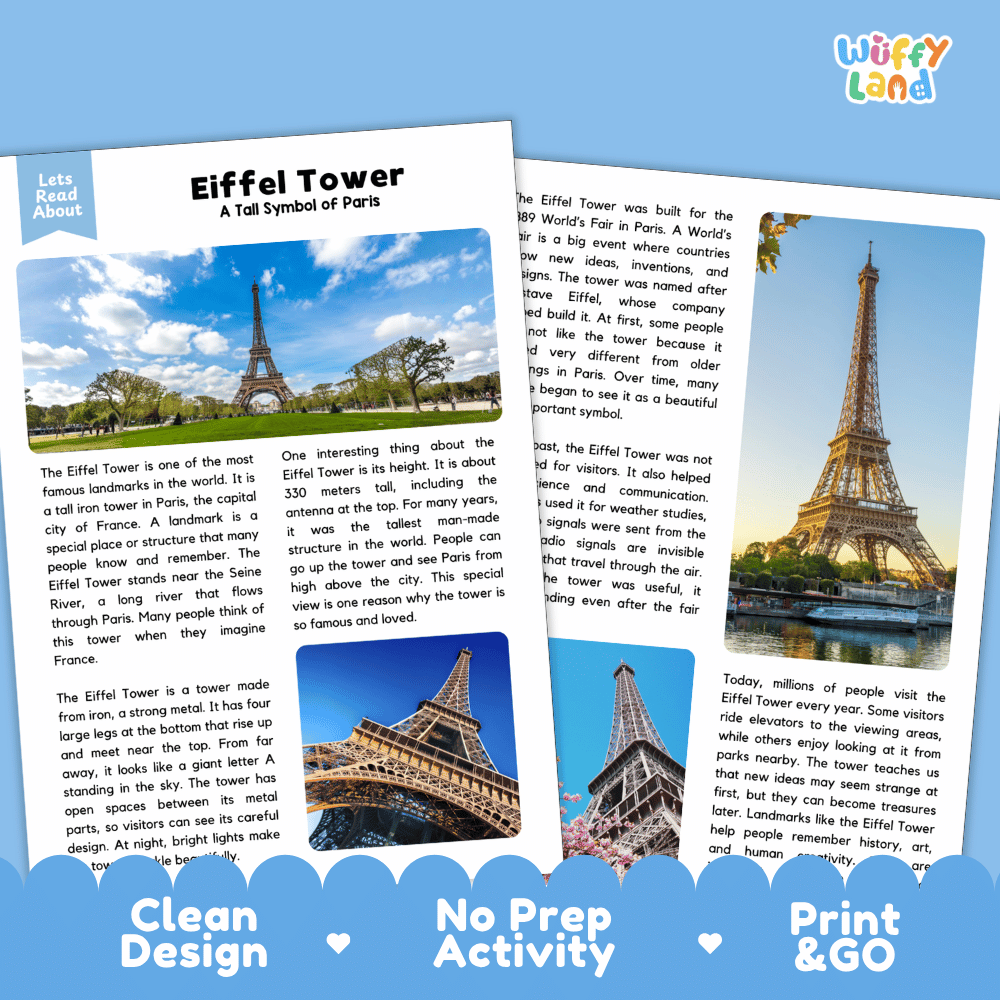 Eiffel Tower Landmark Reading Passages and Comprehension Worksheets