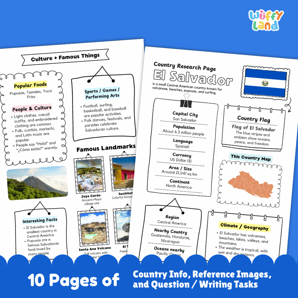 El Salvador Country Research Project Worksheets and Activity Pages