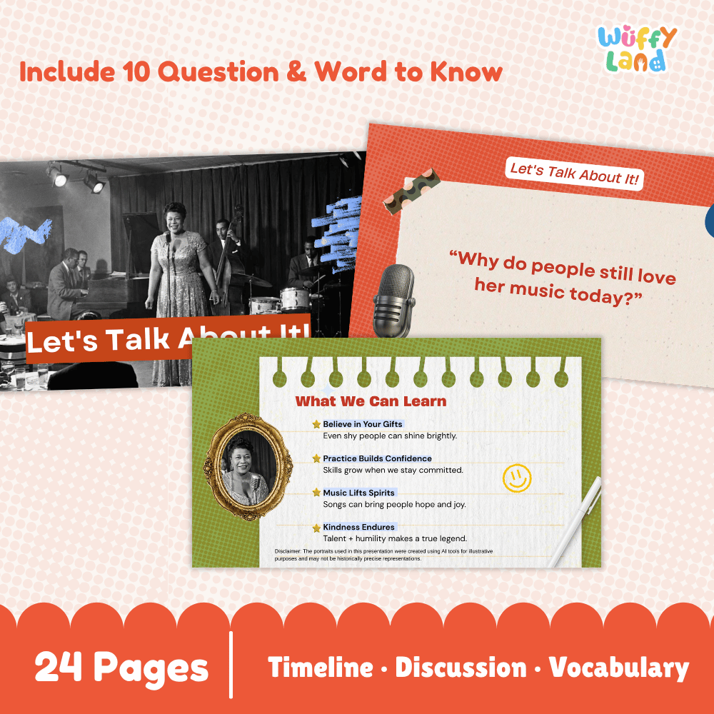 Promotional graphic for a music-themed educational workbook or booklet set by Wuffy Land. The design shows multiple page previews, including a black-and-white band performance photo, an orange discussion page with a quote, and a green vocabulary/page preview with text like 'What We Can Learn.