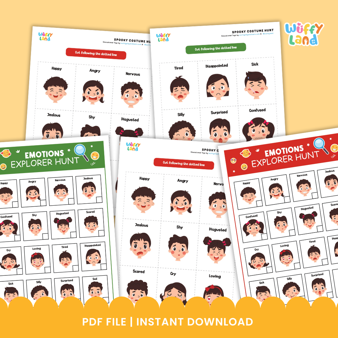 Printable activity set titled “Emotions Explorer Hunt” displayed on a wooden background. The set includes two colorful emotion charts (red and green versions) featuring cartoon faces showing different feelings such as happy, sad, angry, surprised, and nervous. Around the charts are individual emotion cards labeled with words like Jealous, Loving, Silly, and Confused. Designed to help children identify and talk about emotions through playful exploration.