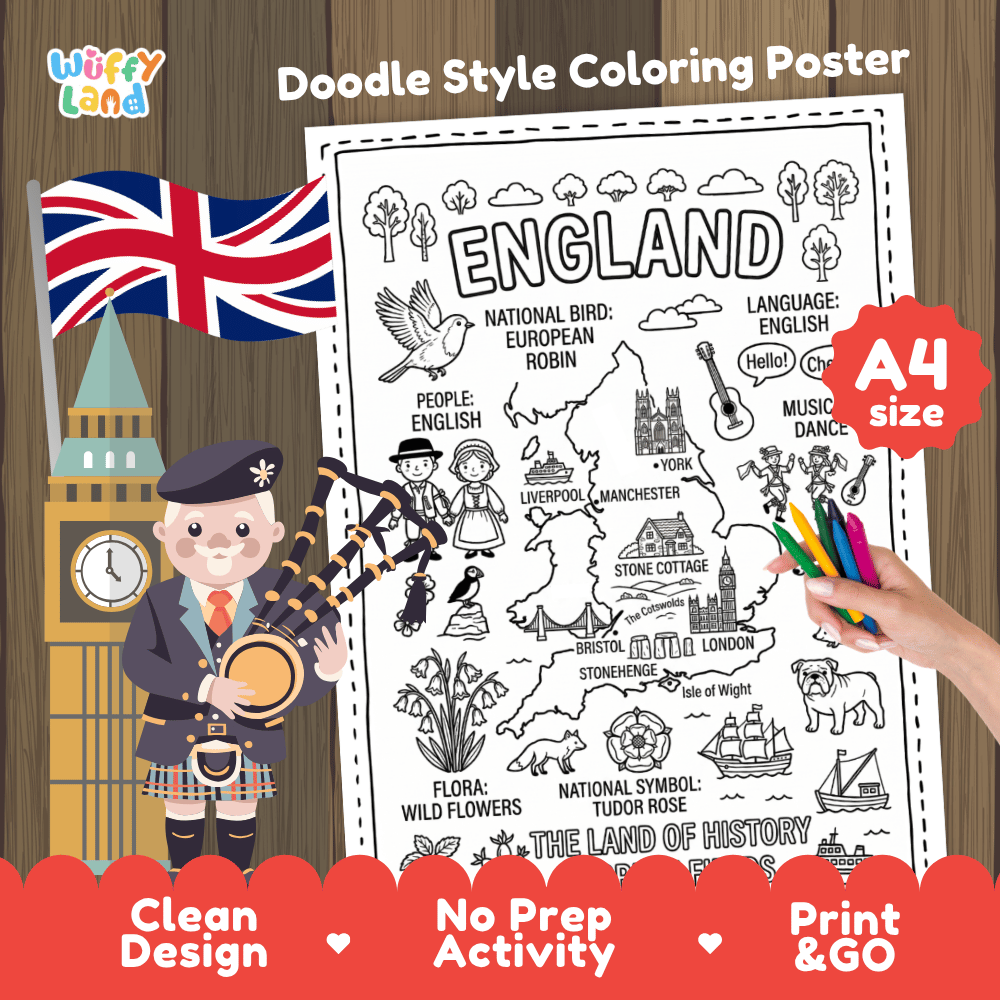 Printable A4 doodle coloring poster highlighting England map, European Robin, Stonehenge, and Tudor Rose 🎨🐦