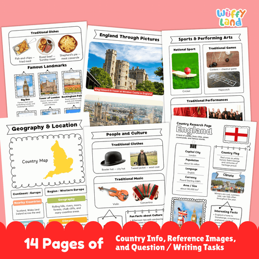 A printable England country research project for students featuring worksheets with key facts such as the capital city, population, language, currency, and climate. The image includes England’s flag, a country map, traditional clothing and music, sports and cultural activities, traditional foods, and famous landmarks designed for classroom learning and educational use.