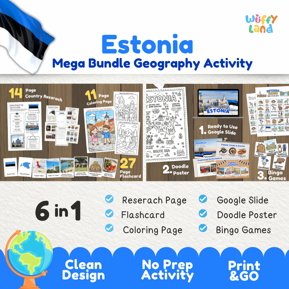 Complete Estonia geography activity bundle featuring Google Slides, doodle coloring poster, and classroom bingo games 🇪🇪🎒