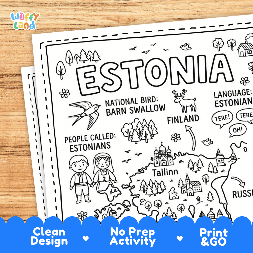 Cultural coloring page featuring traditional Estonian folk costume characters and Estonian language greeting speech bubbles