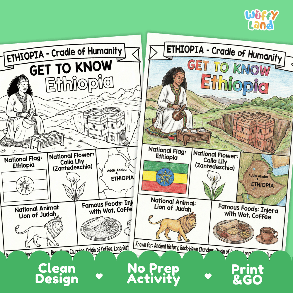Ethiopia Geography Coloring Poster and Fact Sheet Printable Worksheets