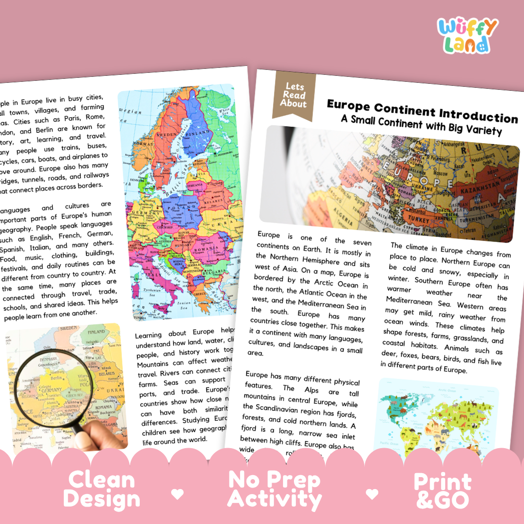 Teacher answer key page showing complete question solutions for Europe continent social studies reading comprehension practice