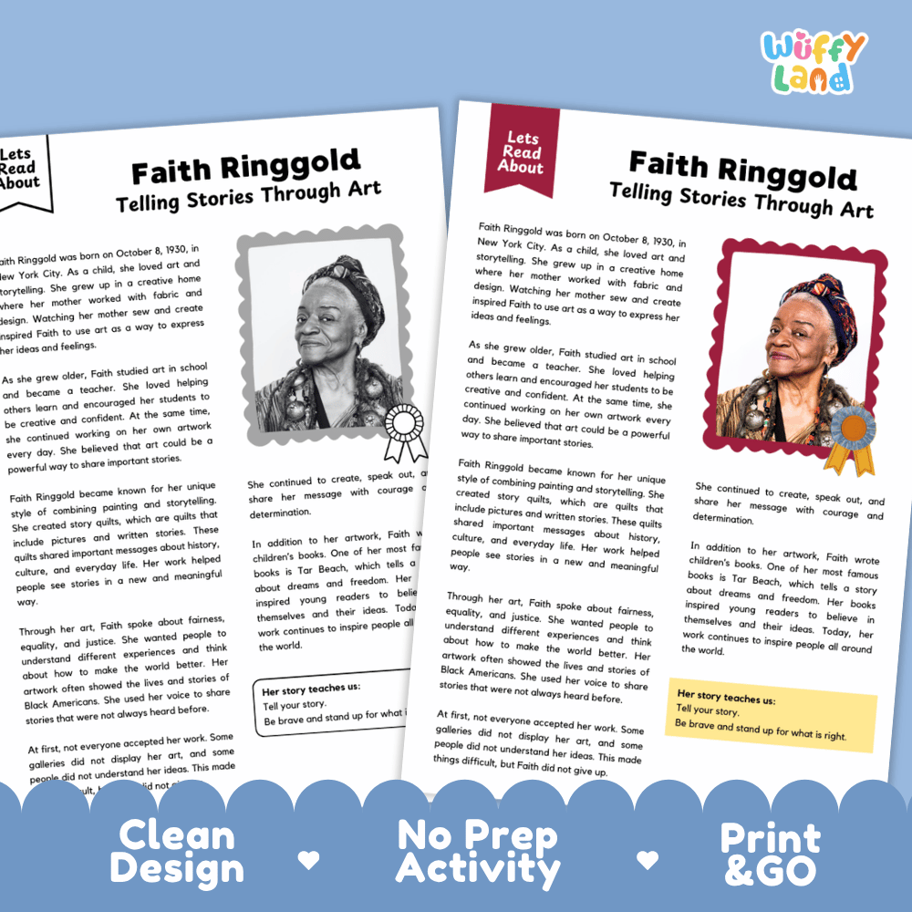 Faith Ringgold Biography Reading Passage and Writing Activity Worksheets
