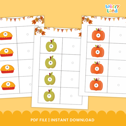 Educational worksheets with apples and letters on a yellow background, featuring the Wuffy Land brand.