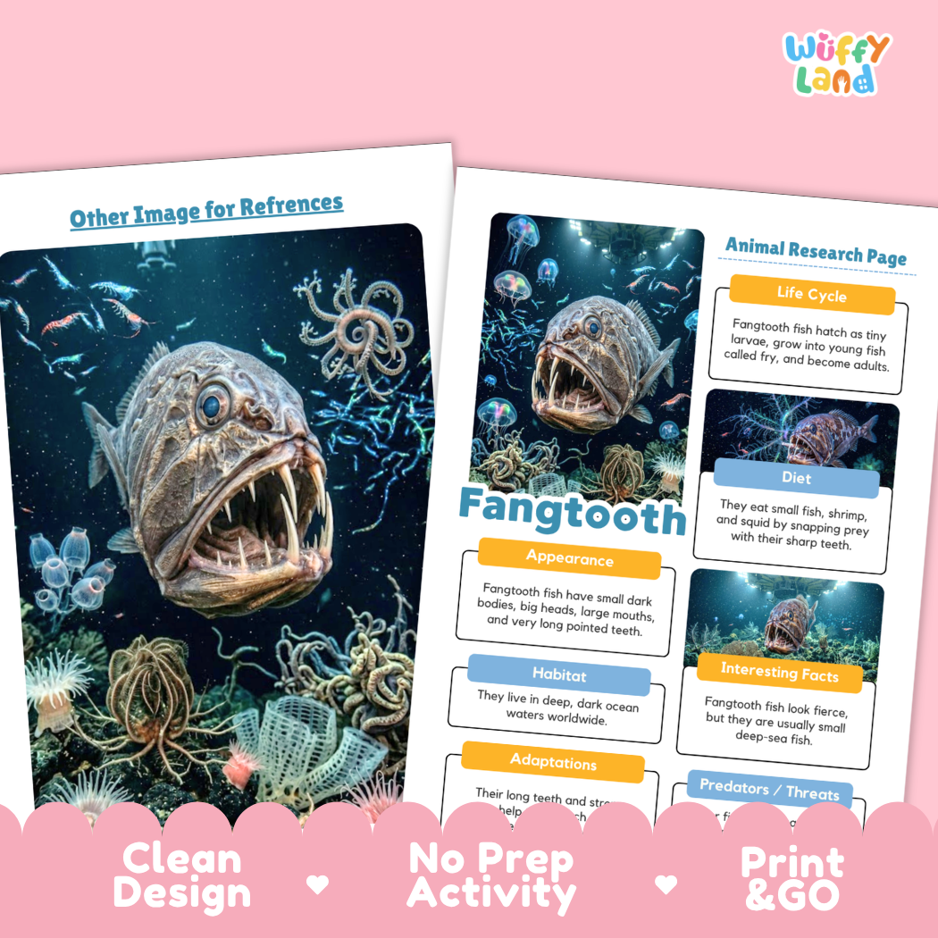 Two printed activity sheets for a fish research project shown on a pink background. The sheets feature a dark underwater illustration with a large predatory fish and text boxes about the fish, including 'Fangtooth' and 'Other Image for References.