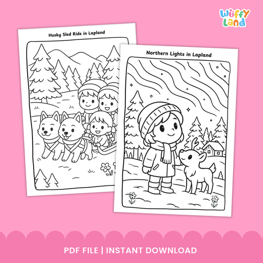 Black-and-white Finland coloring pages for kids featuring three scenes: two children skiing in Levi, a group of kids riding a husky sled in Lapland, and a child sitting on a dock beside a reindeer near a summer cottage by the lake. A badge shows “11 pages.”