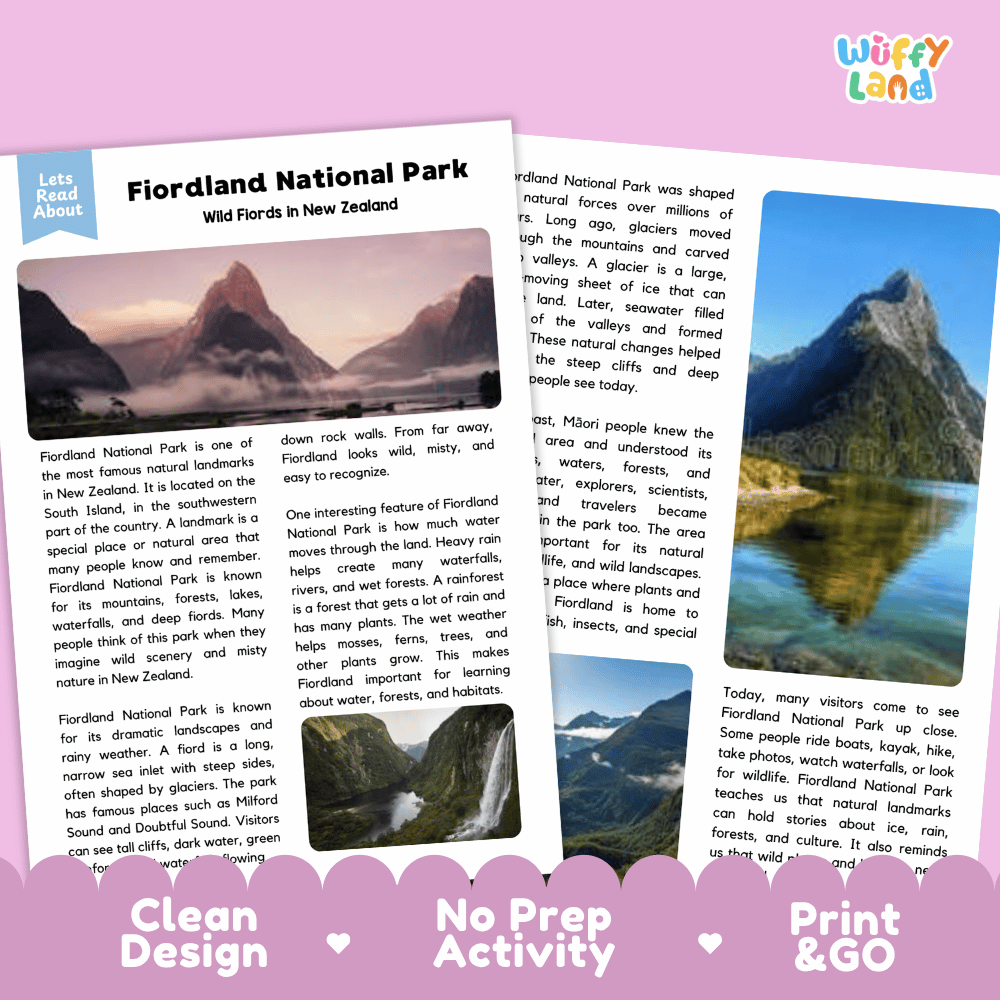 Reference sheet and answer key for Fiordland National Park landmark reading passage displaying completed comprehension answers and New Zealand geography facts