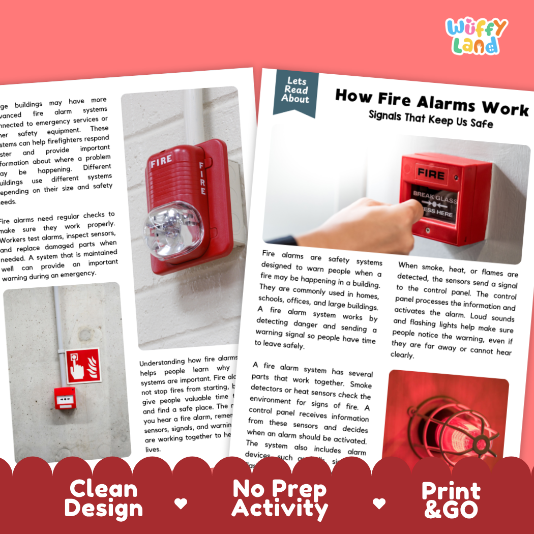 Complete teacher answer key worksheet providing detailed model responses for fire alarm comprehension questions