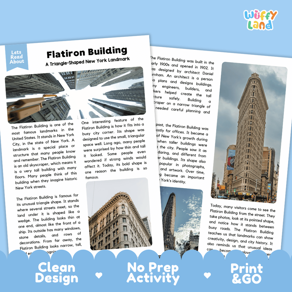 Flatiron Building Landmark Reading Passages and Comprehension Worksheets