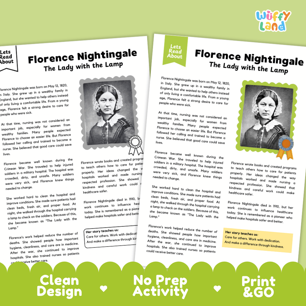 Two printed educational activity sheets for teaching the story 'Florence Nightingale: The Lady with the Lamp' from 'The Lady with the Lamp', displayed on a green background with 'Wuffly Land' branding.