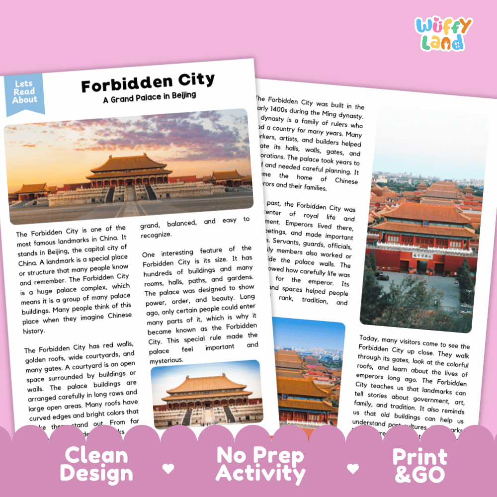 Forbidden City Landmark Reading Passages and Comprehension Worksheets