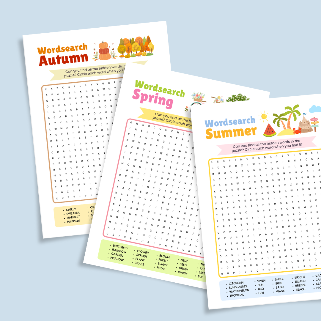 Set of printable word-search puzzles for the four seasons. Pages labeled Spring, Summer, Autumn, and Winter each feature a themed word grid with seasonal word lists at the bottom. A banner reads with answer key. Designed for classroom or homeschool literacy practice.