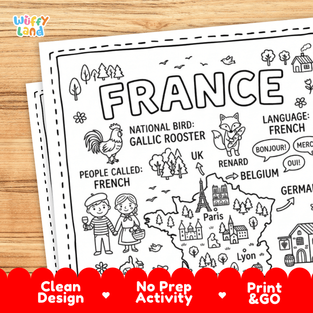 Cultural coloring page featuring traditional French characters, wildlife, and French language greeting speech bubbles
