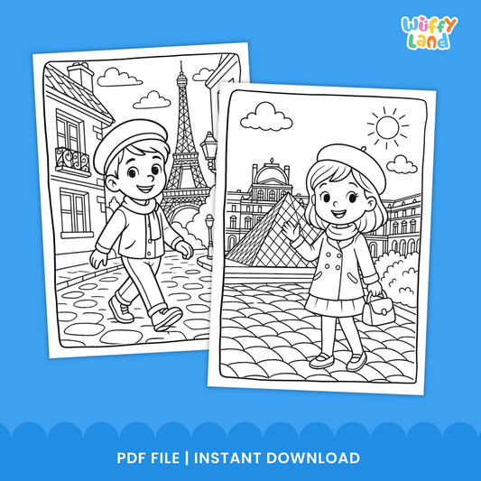Black-and-white printable coloring pages featuring children in Paris, including a boy near a river with historic buildings, two girls having a picnic near the Eiffel Tower, and a girl standing in front of the Louvre pyramid