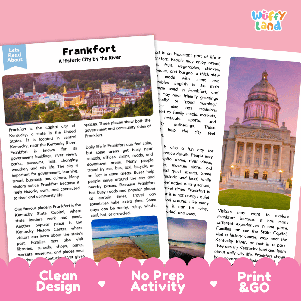 Reference sheet and answer key for Frankfort landmark reading passage displaying completed comprehension answers and United States geography facts