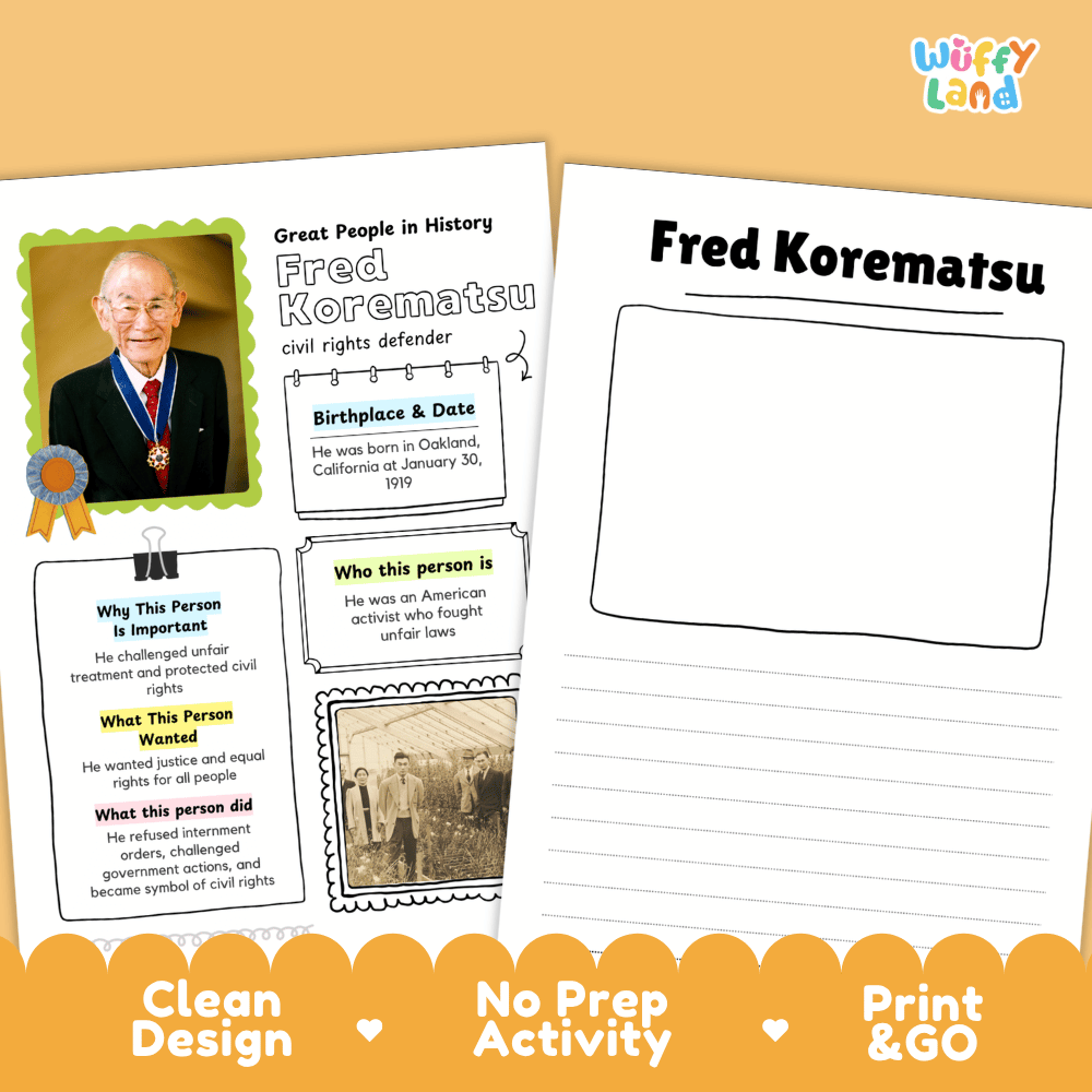 Educational biography summary worksheet featuring a chronological timeline, famous quote, and lined student writing page
