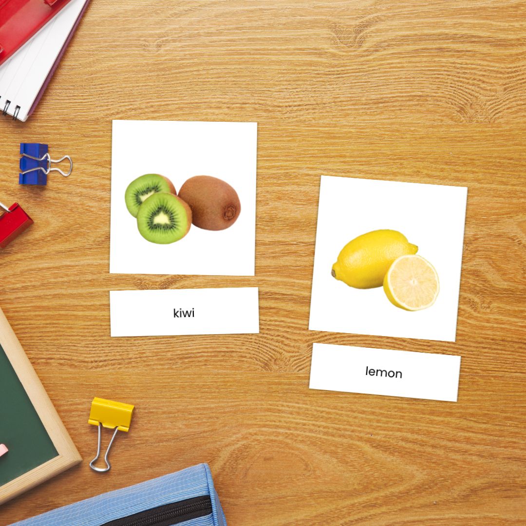 Printable fruit flashcards for preschool featuring common and tropical fruits for early language and object recognition activities