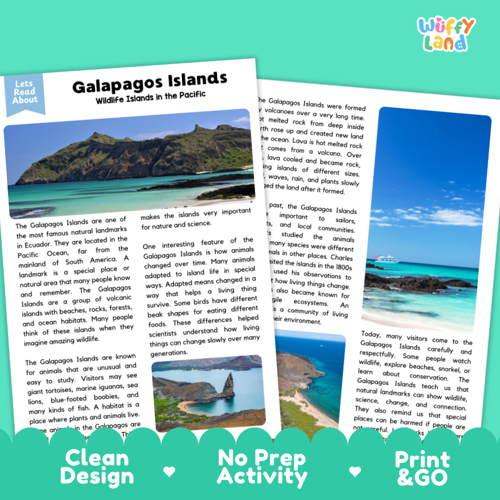 Two printed educational reading cards about the Galapagos Islands are shown overlapping on a white background. The left card has a blue border and a small landscape photo, with the title 'Galapagos Islands' and text starting with 'Let's Read About.