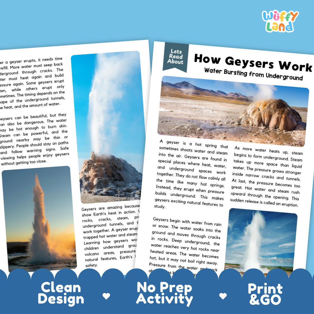 Complete teacher answer key worksheet providing detailed model responses for geyser comprehension questions