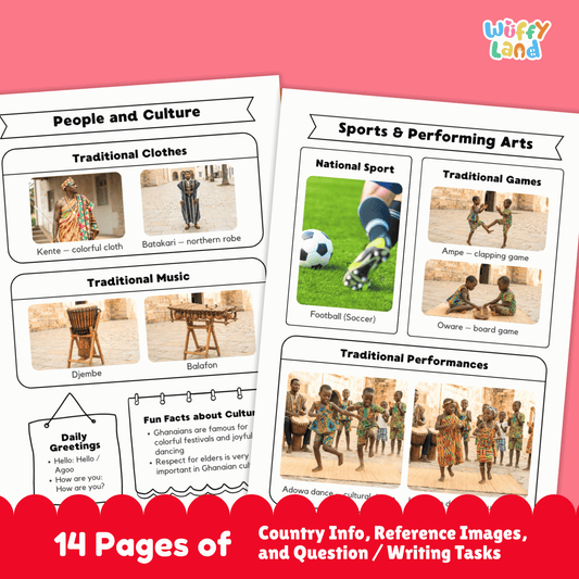 An educational country research project about Ghana showing printable worksheets with facts about the capital city, population, language, currency, and climate. The image includes Ghana’s flag, a country map, traditional clothing and music, sports and cultural activities, traditional foods, and famous landmarks designed for student learning and classroom use.