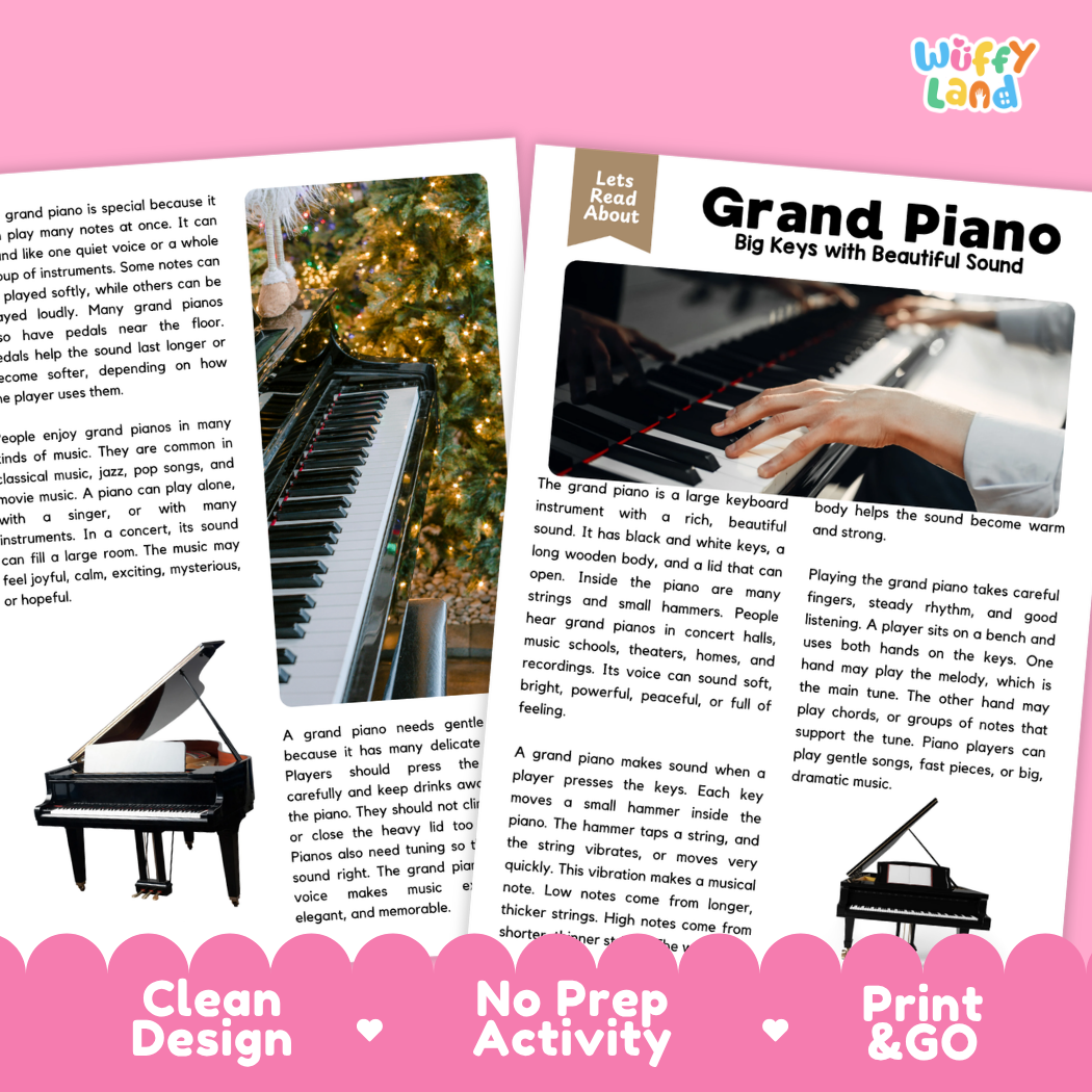 Teacher answer key page showing complete question solutions for Grand Piano music education reading comprehension practice