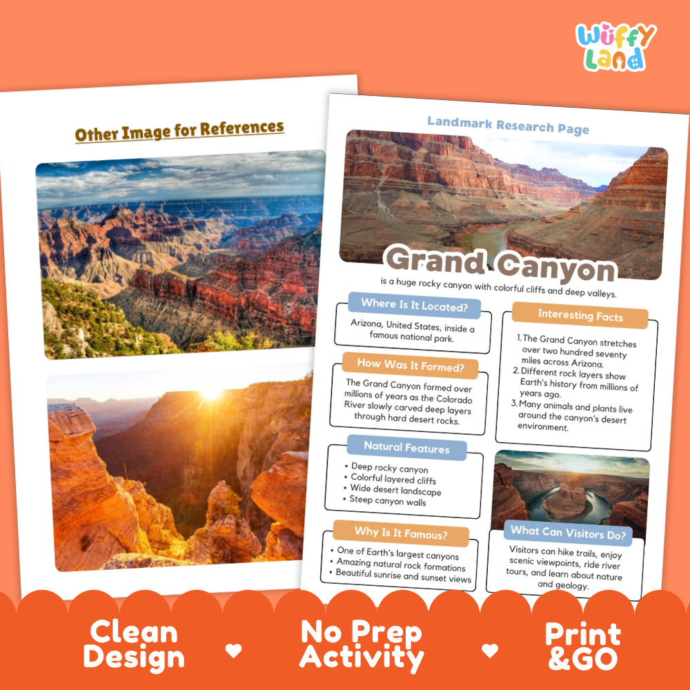 A printed educational poster about the Grand Canyon shown on an orange background, with the text 'Other Image for References' and promotional phrases 'Clean Design,' 'No Prep Activity,' and 'Print & GO' along the bottom.