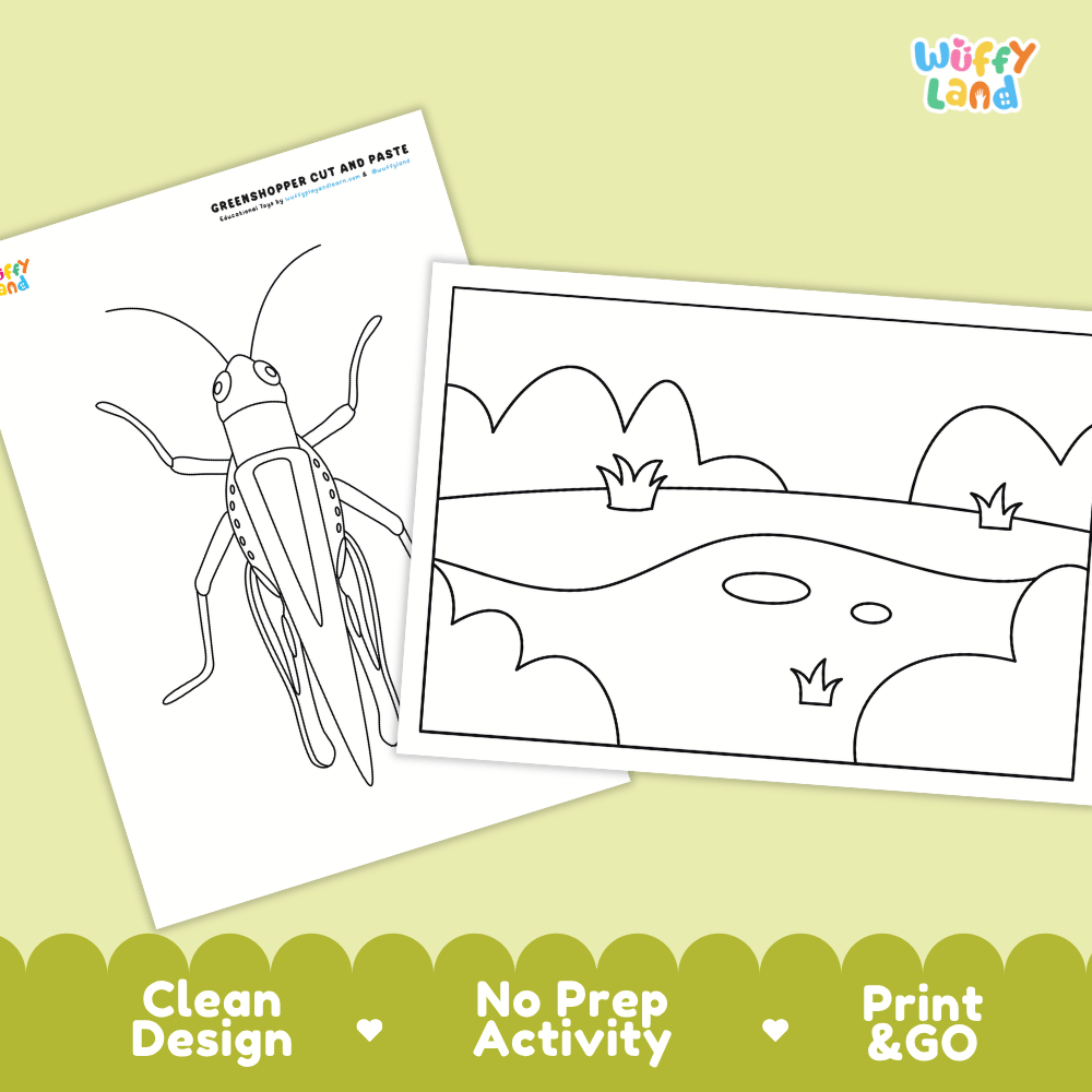 Grasshopper Cut and Paste Craft and Coloring Activity Worksheets