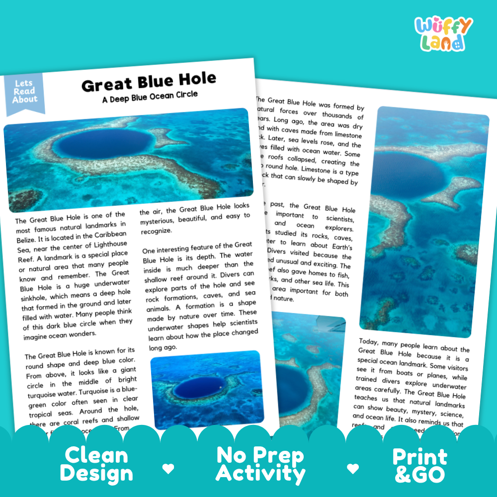 Great Blue Hole Landmark Reading Passage and Comprehension Questions Worksheets