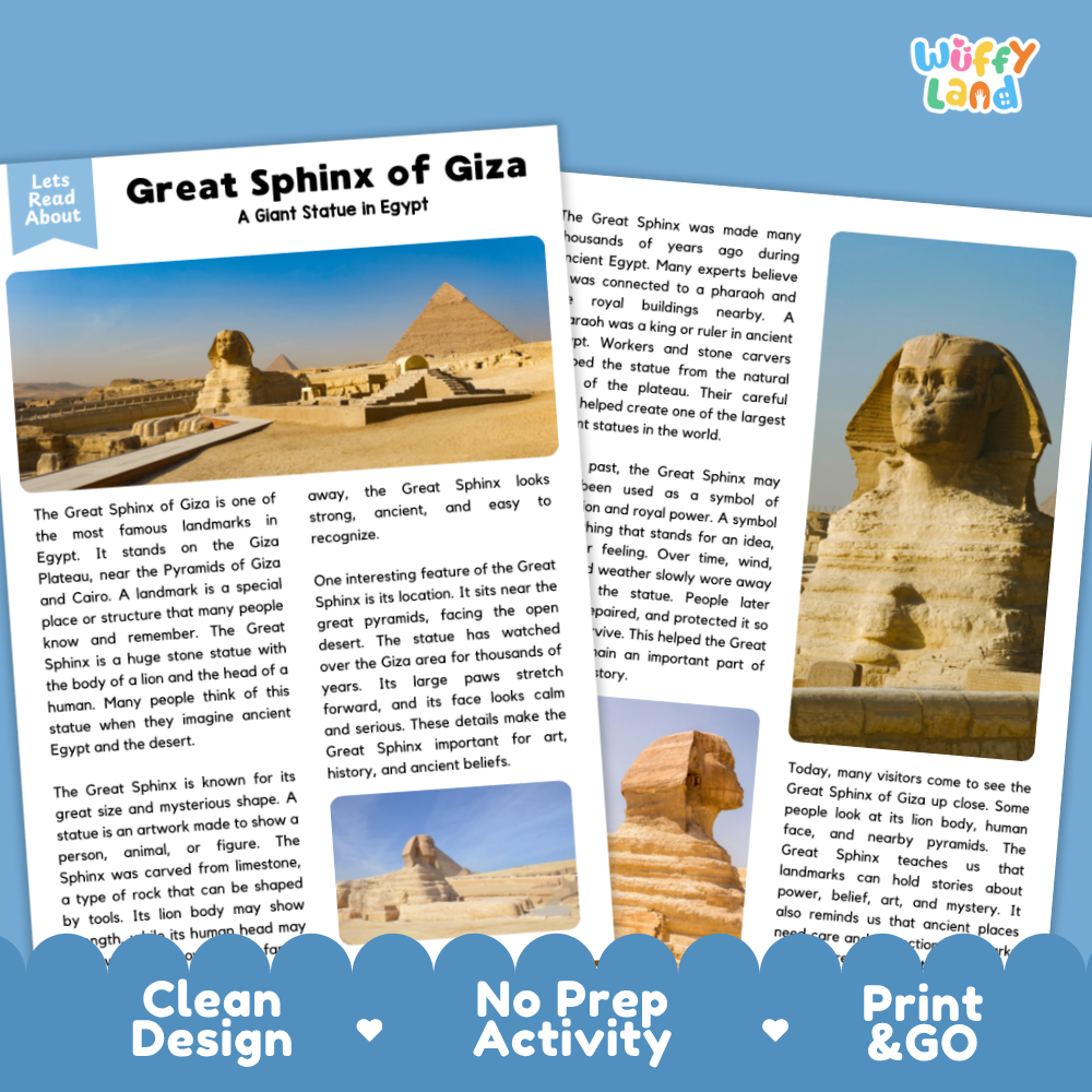 Two printed reading activity sheets titled 'Great Sphinx of Giza' laid on a white background, with decorative blue banners reading 'Clean Design', 'No Prep Activity', and 'Print & Go'. This is not a real environment and no person or animal is present, so it fits Product/Packaging rather than Lifestyle.