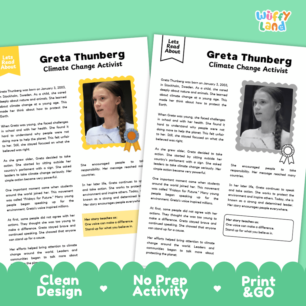 Greta Thunberg Biography Reading Passage and Writing Activity Worksheets