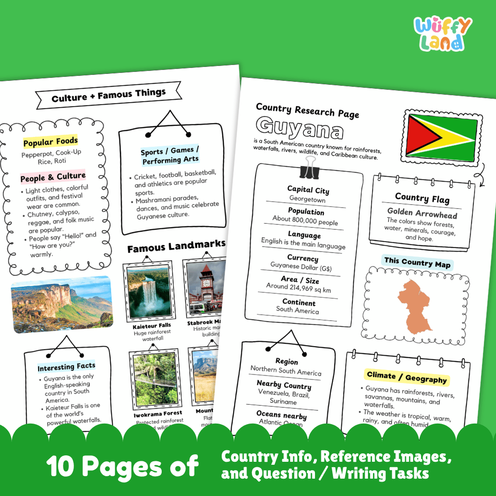Guyana Country Research Project Worksheets and Activity Pages