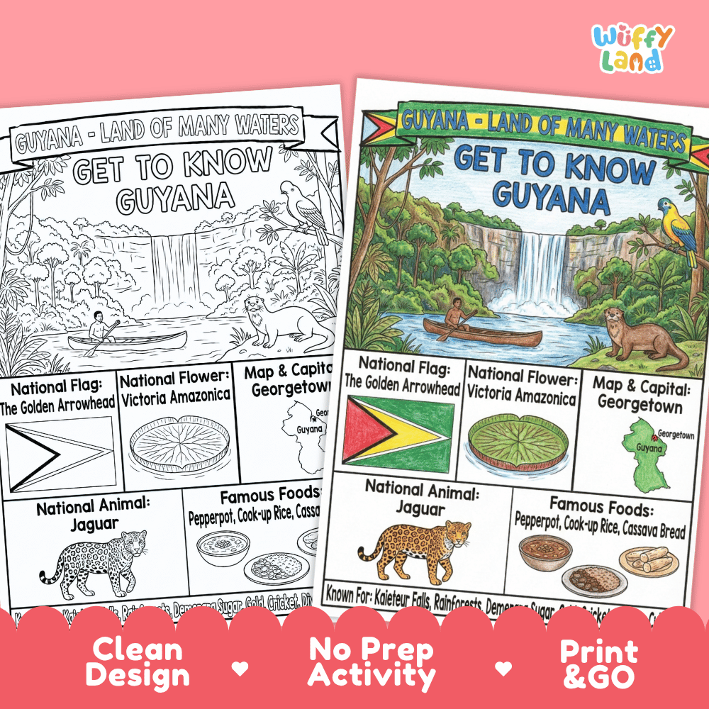 Guyana Geography Coloring Poster and Fact Sheet Printables