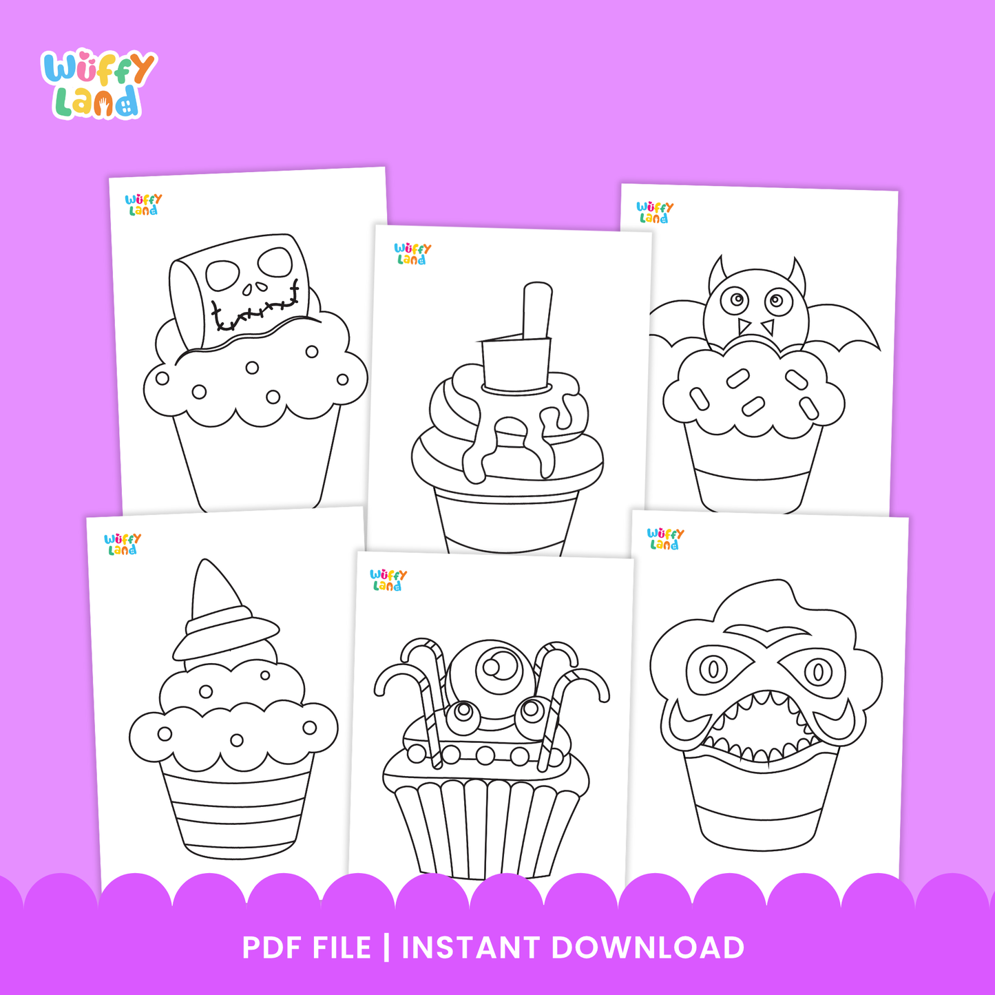 Black and white printable Halloween cupcake coloring pages featuring cute spooky designs such as witch hats, bats, and skull toppers. Includes 17 images for kids to color, cut, and paste as a fun Halloween-themed phonics and art activity. Suitable for preschool and elementary students.