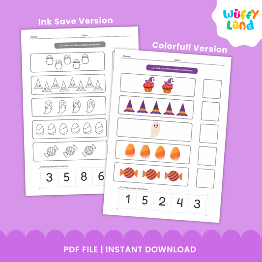Printable Halloween-themed math worksheets titled “Number Match 1–10.” The pages feature cute illustrations such as witch hats, ghosts, candy corn, and cupcakes for children to count and match with the correct numbers. Includes colorful and black-and-white versions, labeled “Colorfull & Coloring Version,” designed for early math learning and seasonal classroom fun.