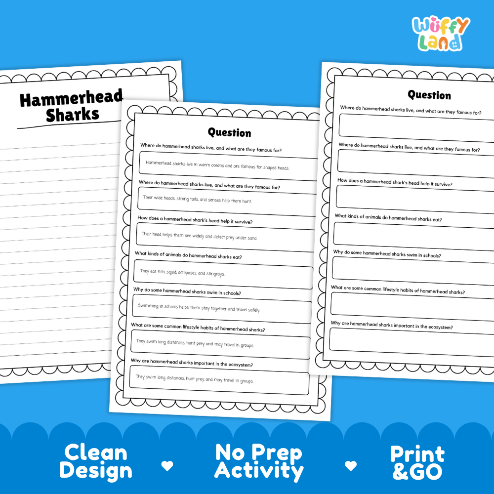 Three printable worksheet pages about hammerhead sharks displayed on a bright blue background with promotional text reading 'Clean Design', 'No Prep Activity', and 'Print & Go'. The pages are white with black text and decorative border lines, and the brand name 'Wiffly Land' appears in the top right.