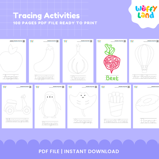 Preschool handwriting tracing worksheets with simple words, dotted lines and pictures for early writing practice