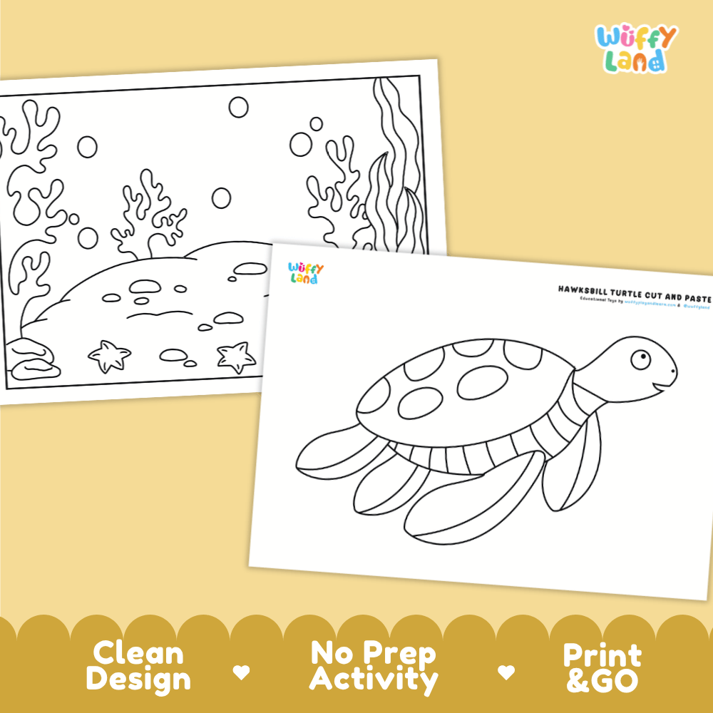 Hawksbill Sea Turtle Cut and Paste Craft and Coloring Activity Worksheets