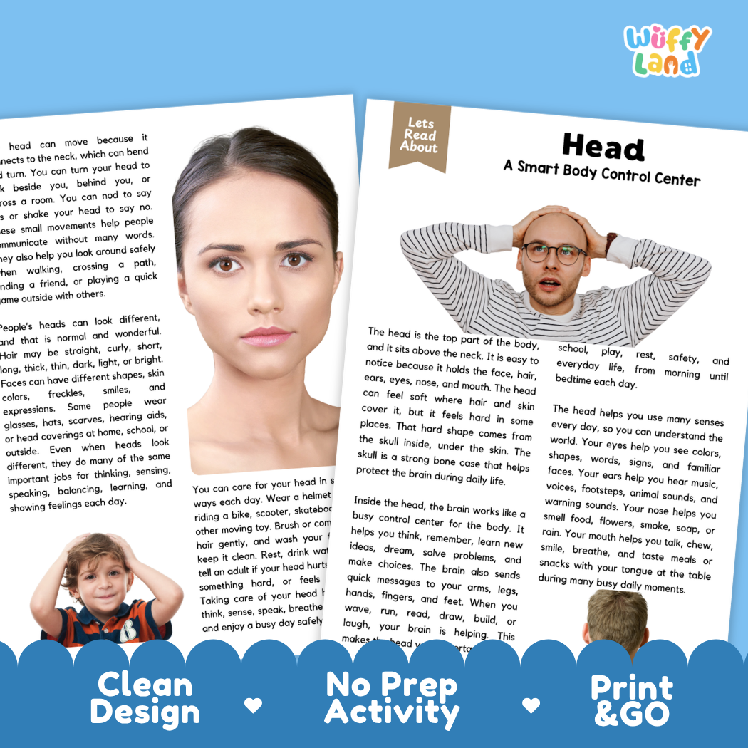 Teacher answer key page showing complete question solutions for Head human body reading comprehension practice