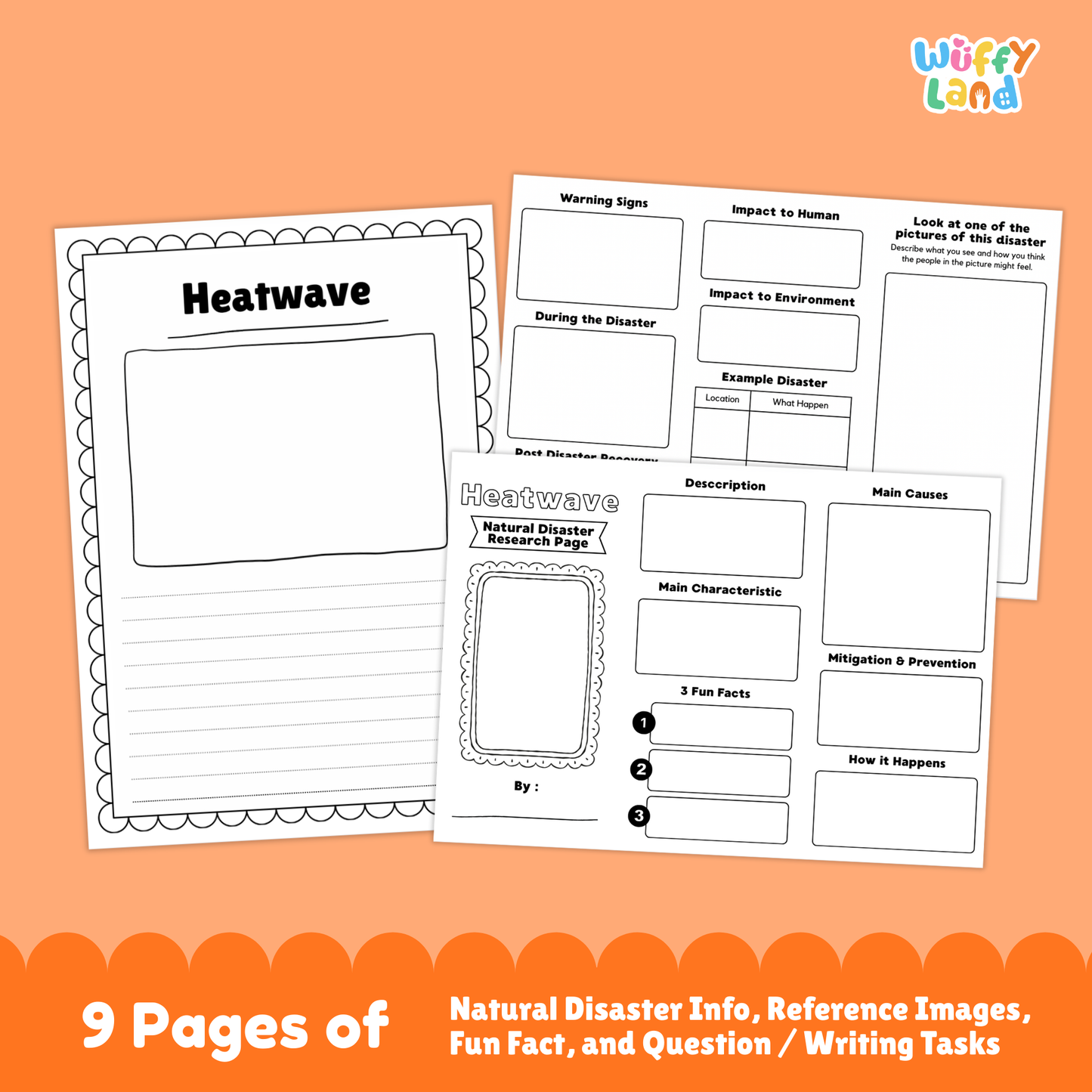 Printable heatwave research project for students, featuring a main research page with thermometer image, description and main characteristics of heatwaves, fun fact box, and multiple activity worksheets including picture observation, causes, prevention, warning signs, impacts, and real-life heatwave examples.
