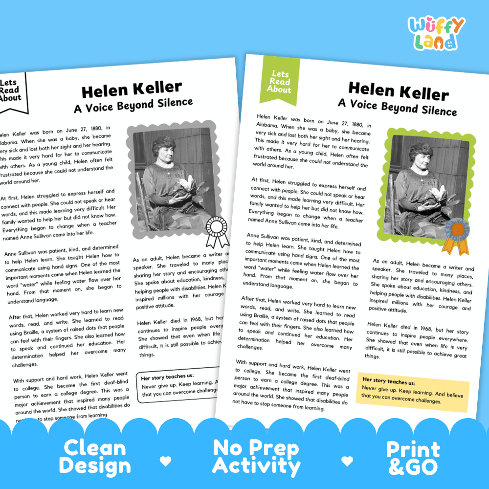 Two educational activity sheets about Helen Keller, titled 'Helen Keller: A Voice Beyond Silence,' shown side by side on a white background. The sheets have a clean, colorful layout with text, photos, and decorative elements.