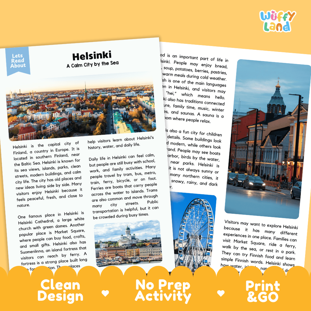 Reference sheet and answer key for Helsinki landmark reading passage displaying completed comprehension answers and European geography facts